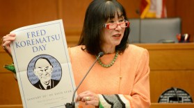 Karen Korematsu, daughter of Fred Korematsu, speaks after the re-enactment of the Fred Korematsu case on September 18, 2015, at the Federal Courthouse of Minneapolis. (Photo by Allan Block)